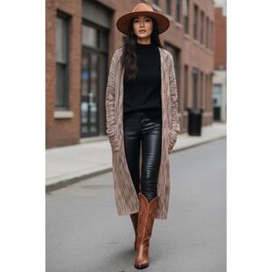 POL Earth Tone Multi Stripe Cozy Mid Length Cardigan